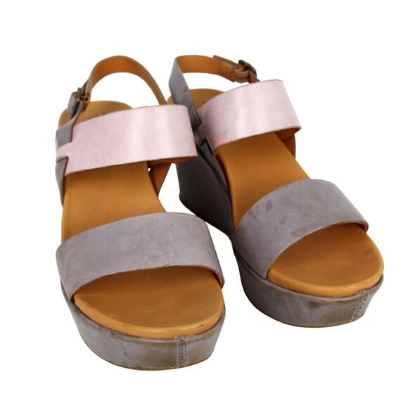 Kork-Ease GRAY PINK GENUINE LEATHER OPEN TOE HIGH HEEL WEDGE SHOES Sz 8M - Picture 1 of 11